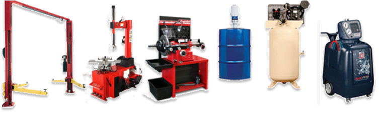 Multiple products displayed - car lift, air compressor, ac machine, wheel balancer etc