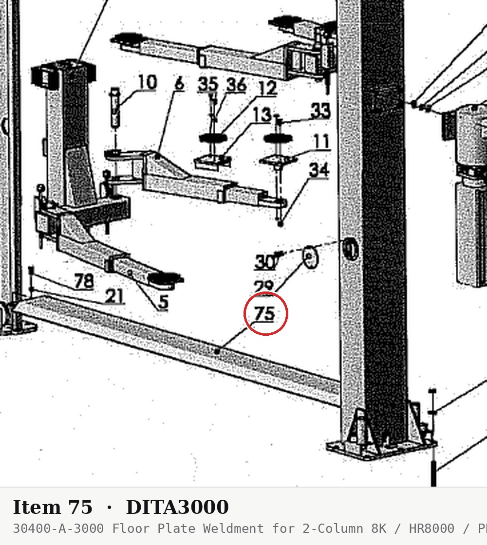 30400-A-3000 Floor Plate Weldment for 2-Column 8K / HR8000 / PRO-9 & PRO-9F 9K Lifts - parts drawing detail