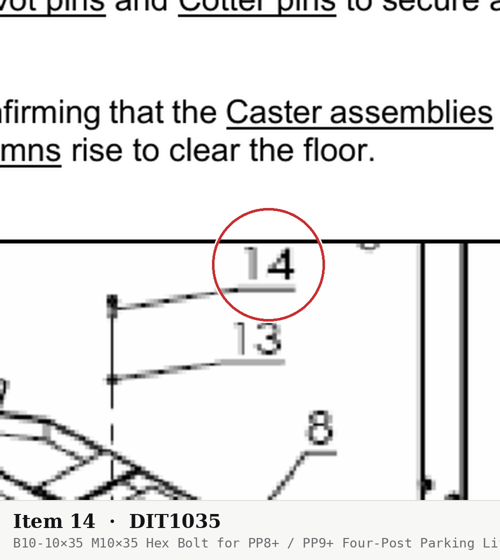 B10-10×35 M10×35 Hex Bolt for PP8+ / PP9+ Four-Post Parking Lifts (Caster Kit) - parts drawing detail