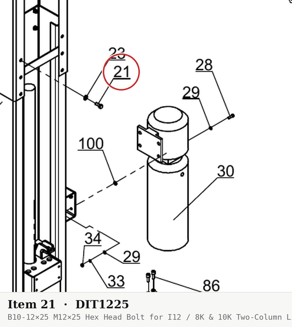 B10-12×25 M12×25 Hex Head Bolt for I12 / 8K & 10K Two-Column Lifts - parts drawing detail