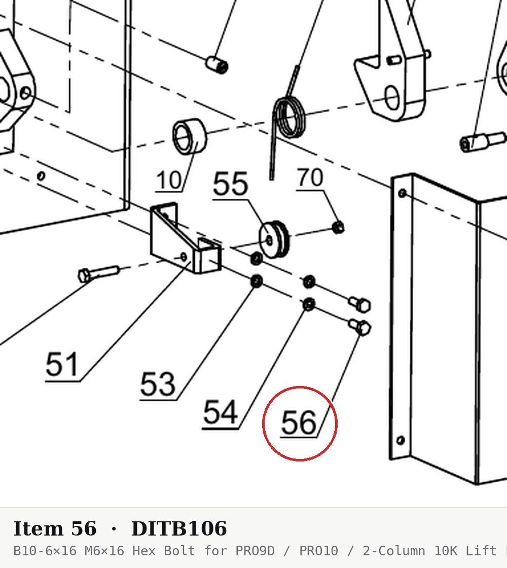 B10-6×16 M6×16 Hex Bolt for PRO9D / PRO10 / 2-Column 10K Lift Latch Assemblies - parts drawing detail