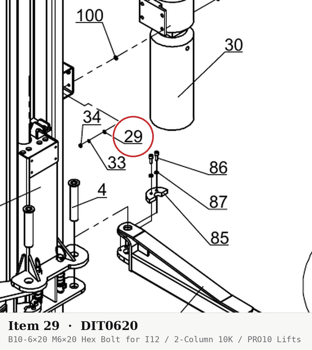 B10-6×20 M6×20 Hex Bolt for I12 / 2-Column 10K / PRO10 Lifts - parts drawing detail