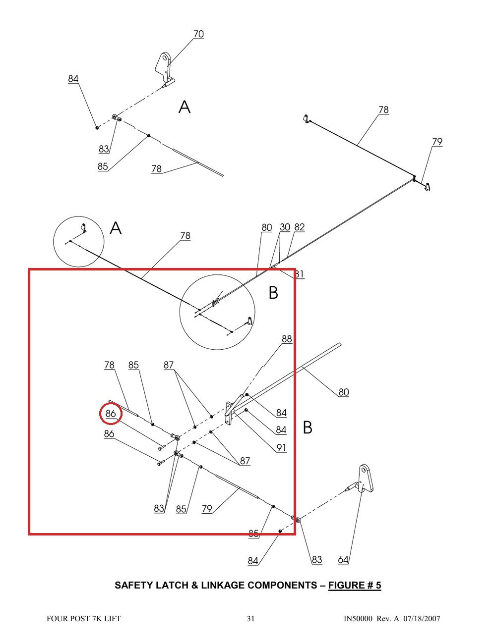 B10-6×30 M6×30 Hex Bolt for 7K / 8K / 9K Four-Post Parking Lift Safety Latch - full parts breakdown drawing