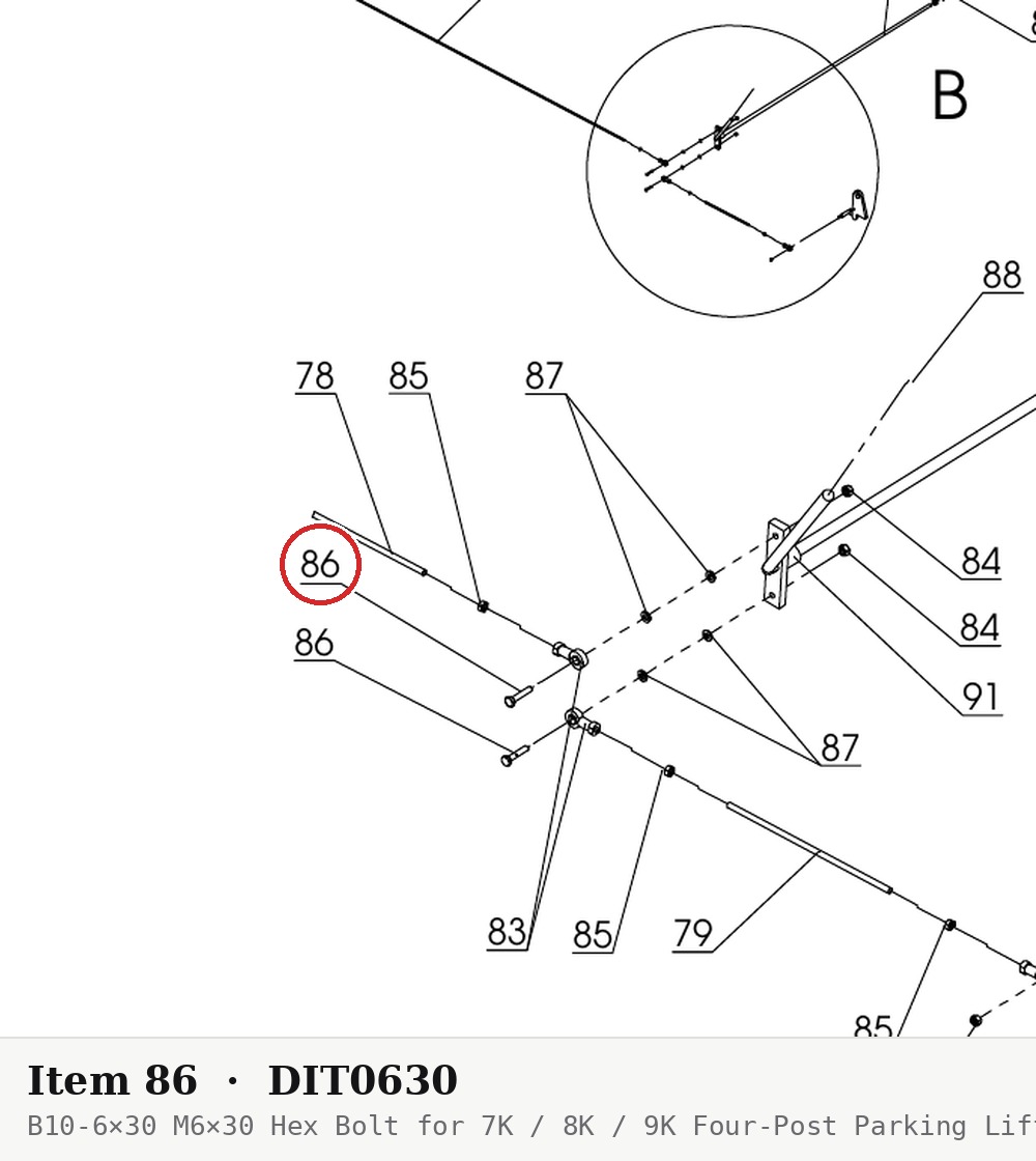 B10-6×30 M6×30 Hex Bolt for 7K / 8K / 9K Four-Post Parking Lift Safety Latch - parts drawing detail