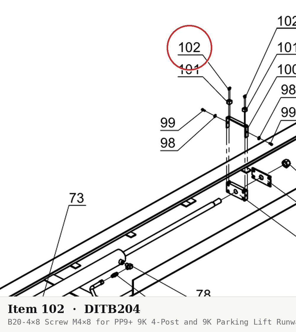 B20-4×8 Screw M4×8 for PP9+ 9K 4-Post and 9K Parking Lift Runway & Hydraulics - parts drawing detail