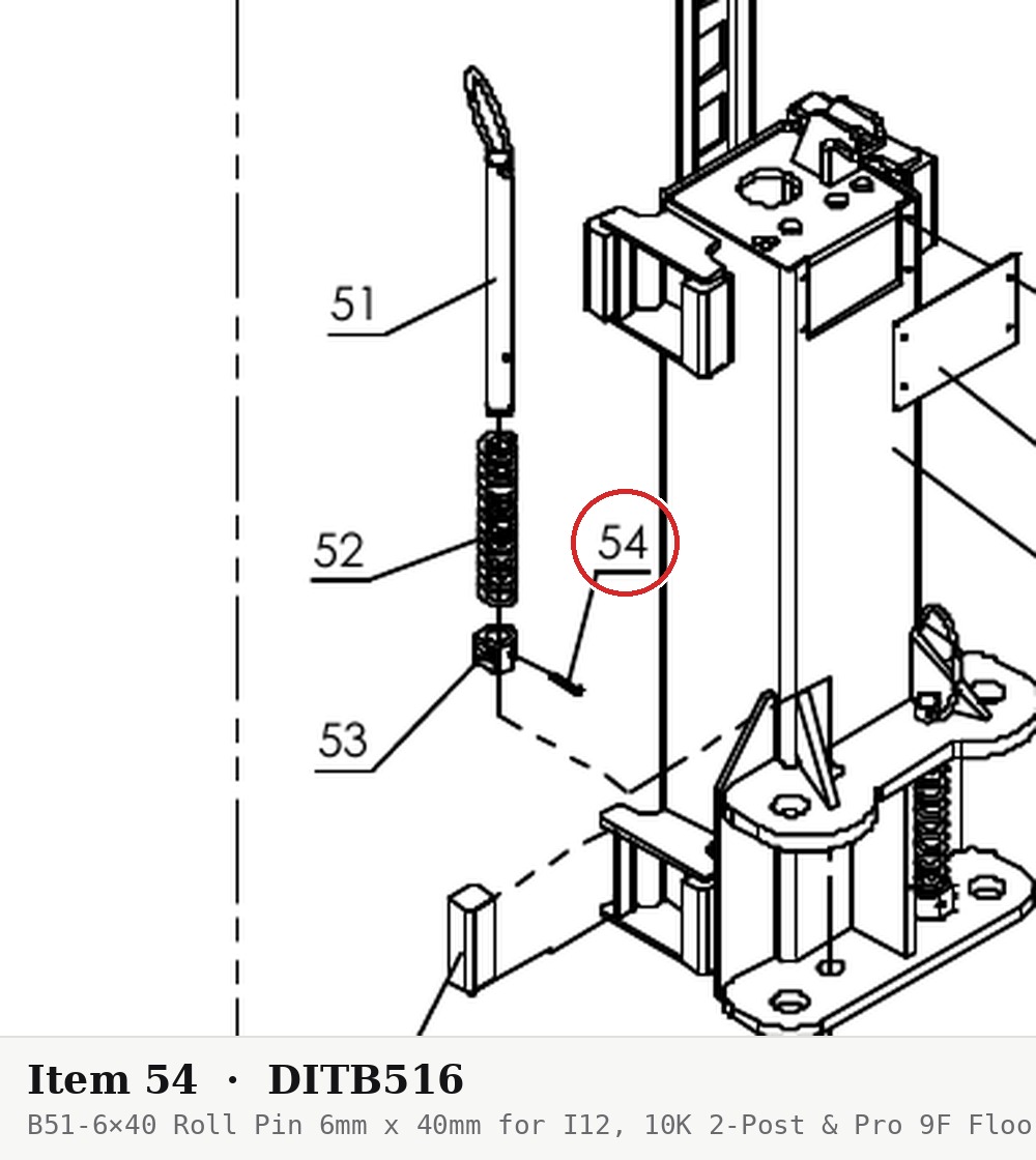 B51-6×40 Roll Pin 6mm x 40mm for I12, 10K 2-Post & Pro 9F Floor Plate Lifts - parts drawing detail