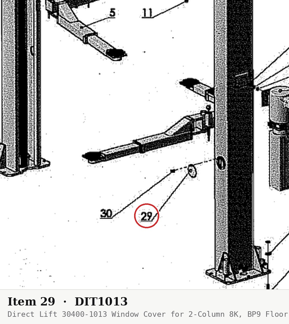 Direct Lift 30400-1013 Window Cover for 2-Column 8K, BP9 Floor Plate & HR8000 Lifts - parts drawing detail