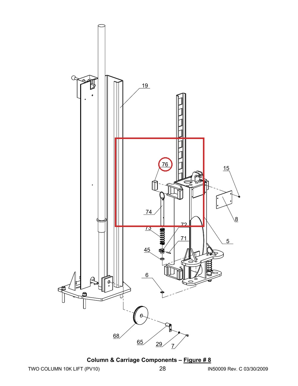 Direct Lift 30400-5020 Rub Block for 2-Column 10K, BP9 & PRO-9/9F Lifts - full parts breakdown drawing