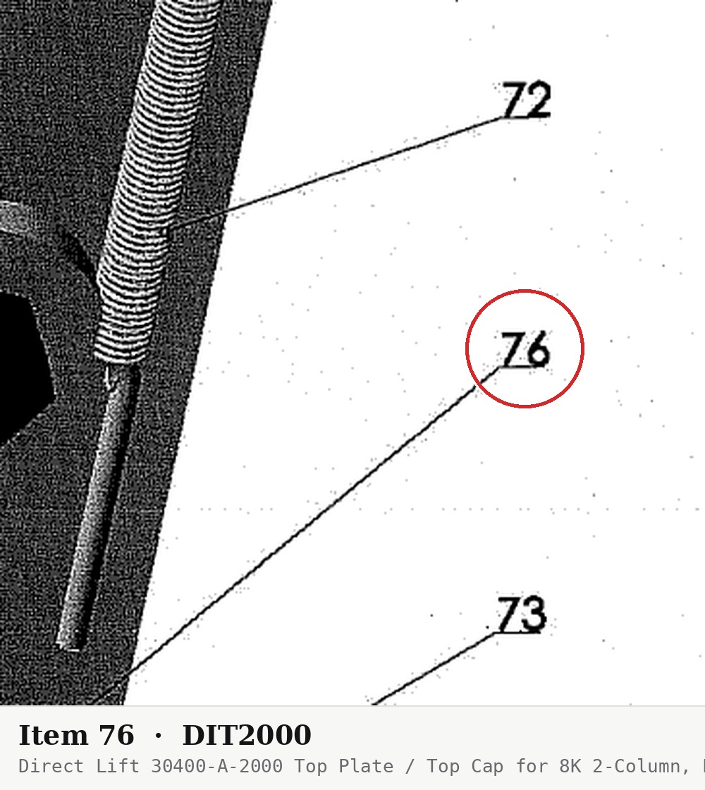 Direct Lift 30400-A-2000 Top Plate / Top Cap for 8K 2-Column, HR8000 & PRO-9/PRO-9F Lifts - parts drawing detail