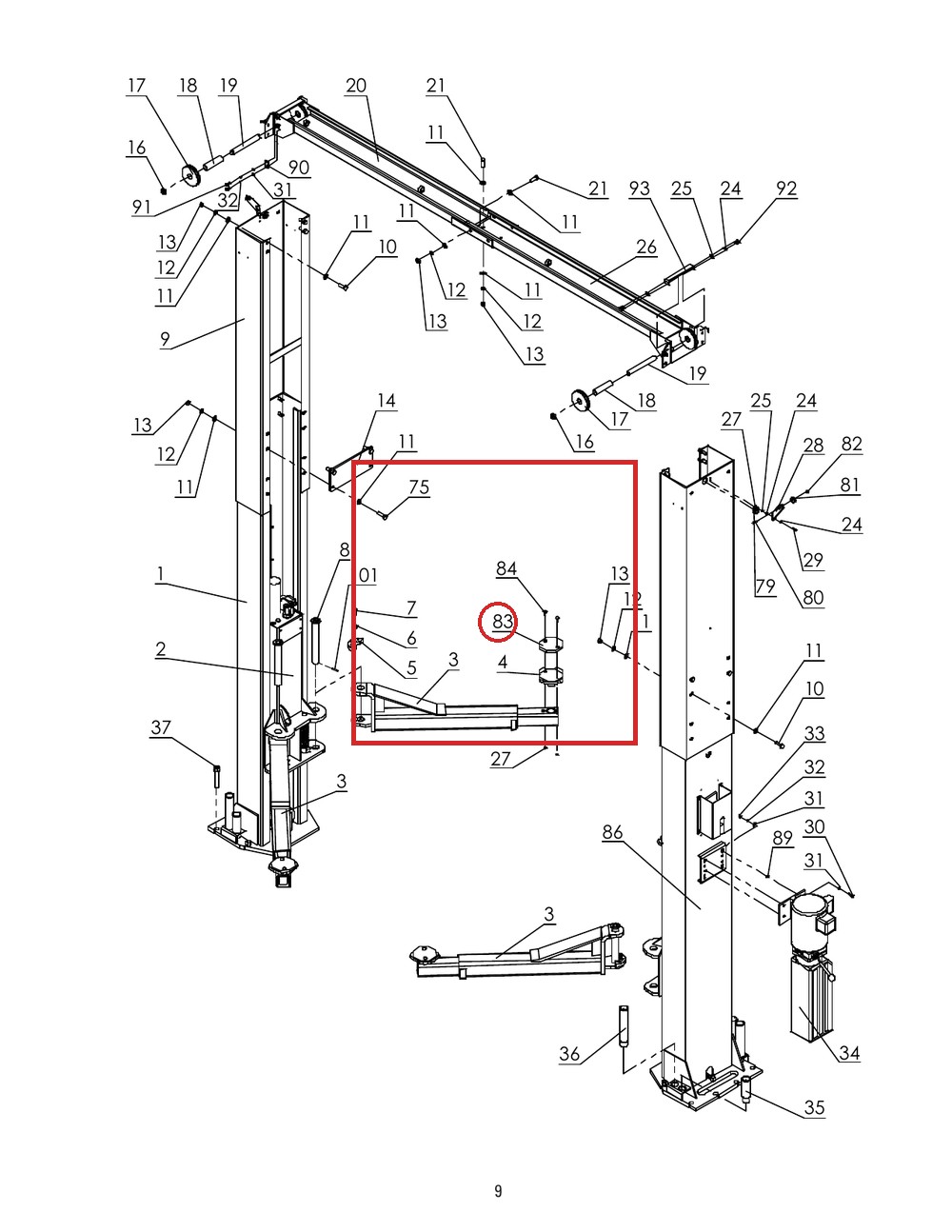 Direct Lift 30500-3000-08 Pipe A Cross Beam Spacer for PRO10 / PROV10 / PV10 & 2-Column 10K Lifts - full parts breakdown draw