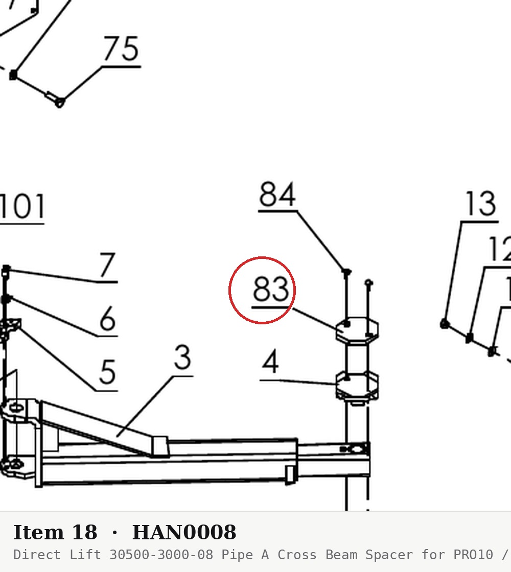 Direct Lift 30500-3000-08 Pipe A Cross Beam Spacer for PRO10 / PROV10 / PV10 & 2-Column 10K Lifts - parts drawing detail