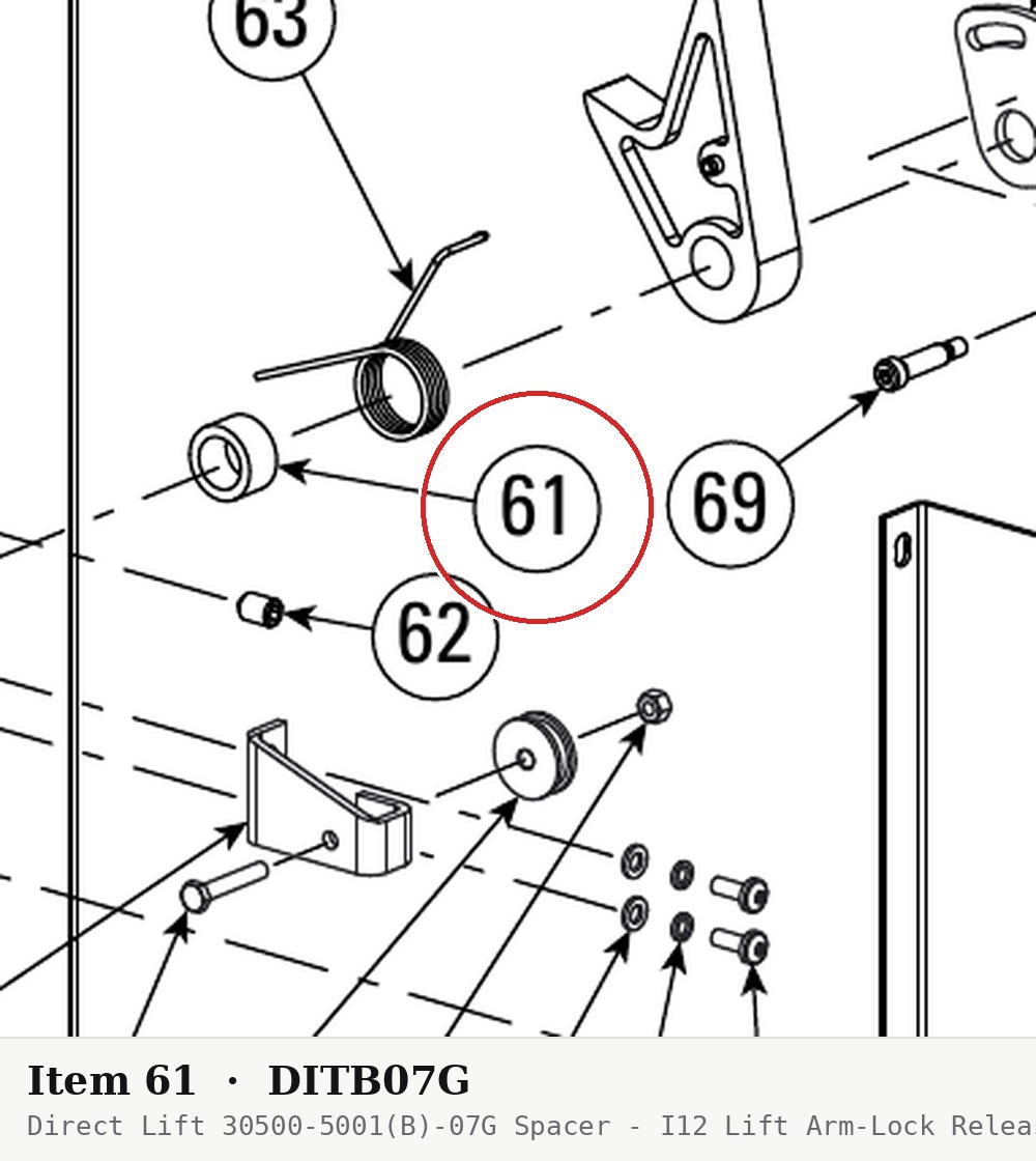 Direct Lift 30500-5001(B)-07G Spacer - I12 Lift Arm-Lock Release Assembly - parts drawing detail