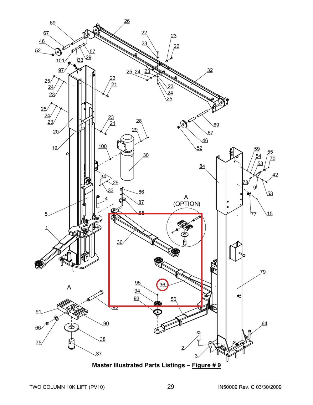 Direct Lift 30500-6000G2 New Style Long Arm for Pro 10 / PRO-V10 / PV10 2-Post 10K Lifts - full parts breakdown drawing