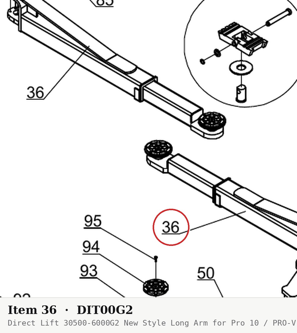 Direct Lift 30500-6000G2 New Style Long Arm for Pro 10 / PRO-V10 / PV10 2-Post 10K Lifts - parts drawing detail