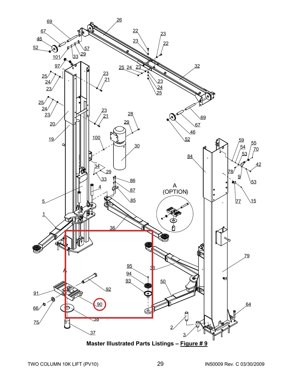 Direct Lift 30500-6100-1 7" Flip-Up Pad Riser (Long Flip Up) for Pro 10 / PRO-V10 / PV10 Lifts - full parts breakdown drawing