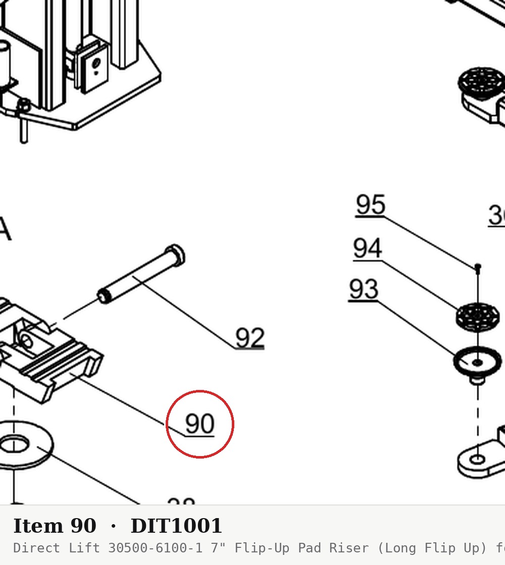 Direct Lift 30500-6100-1 7" Flip-Up Pad Riser (Long Flip Up) for Pro 10 / PRO-V10 / PV10 Lifts - parts drawing detail