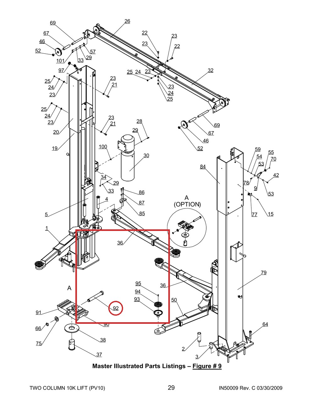 Direct Lift 30500-6100-4 Pivot Pin for Flip-Up Pad Risers - Pro 10 / PRO-V10 / PV10 - full parts breakdown drawing
