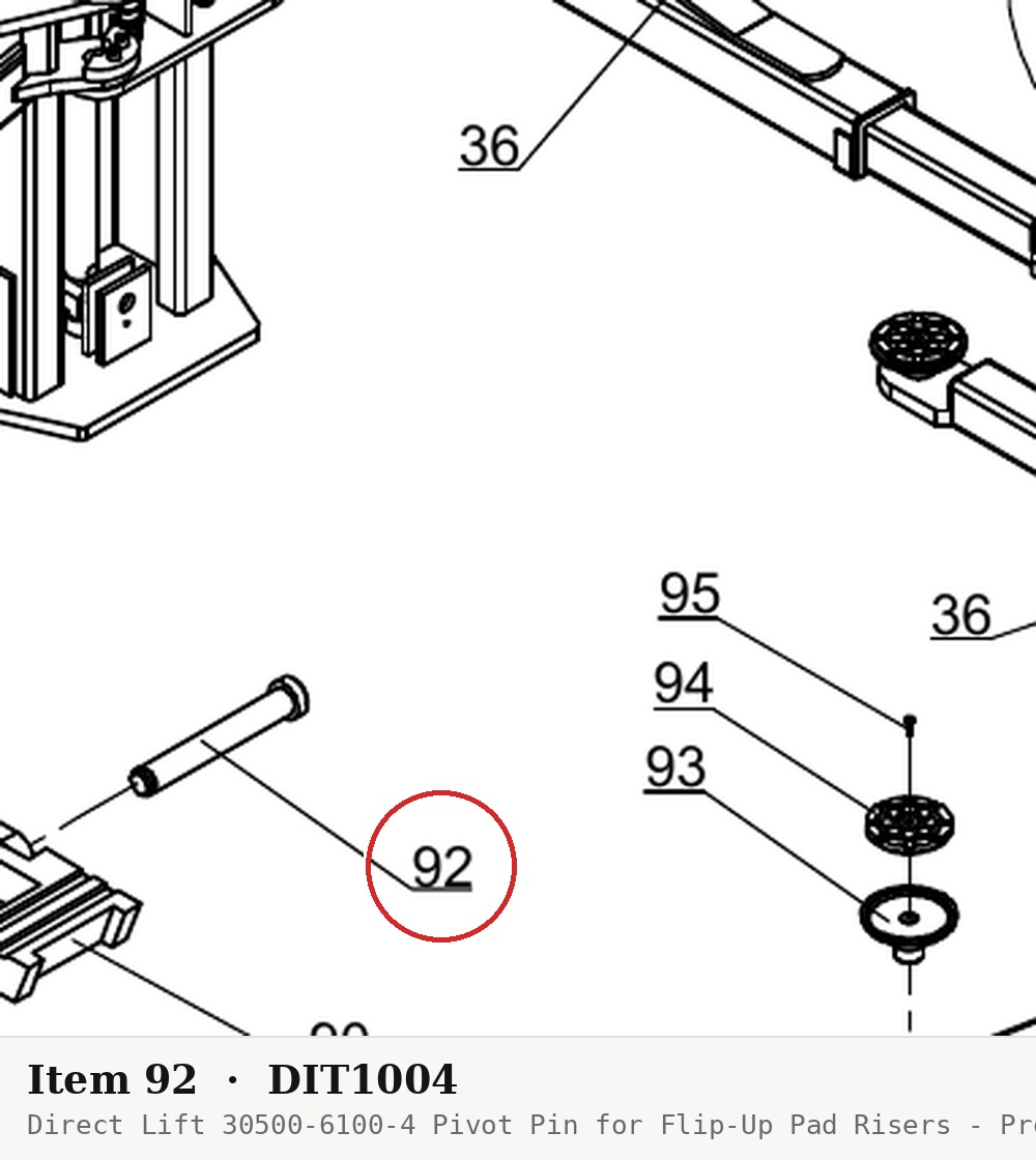 Direct Lift 30500-6100-4 Pivot Pin for Flip-Up Pad Risers - Pro 10 / PRO-V10 / PV10 - parts drawing detail