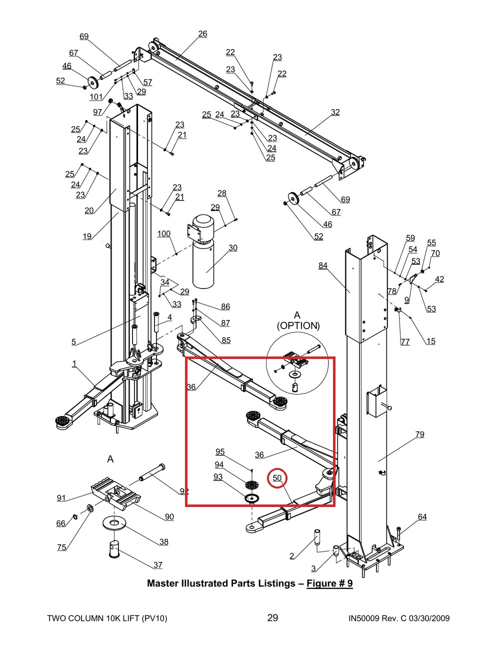 Direct Lift 30500-7000G2 Front Left Arm for Pro 10 / PRO-V10 / PV10 (New Style) 2-Post 10K Lifts - full parts breakdown drawi