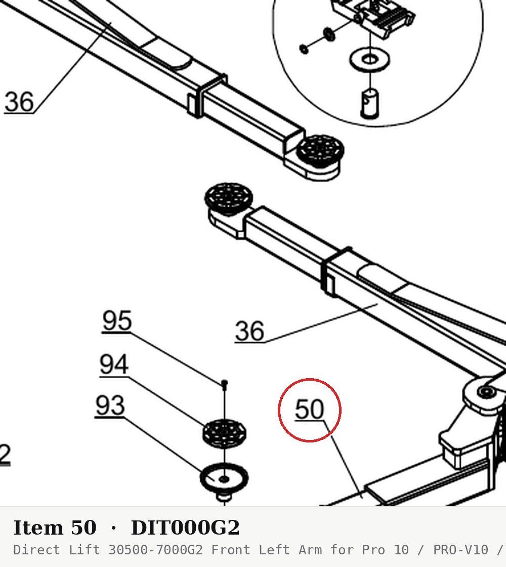Direct Lift 30500-7000G2 Front Left Arm for Pro 10 / PRO-V10 / PV10 (New Style) 2-Post 10K Lifts - parts drawing detail