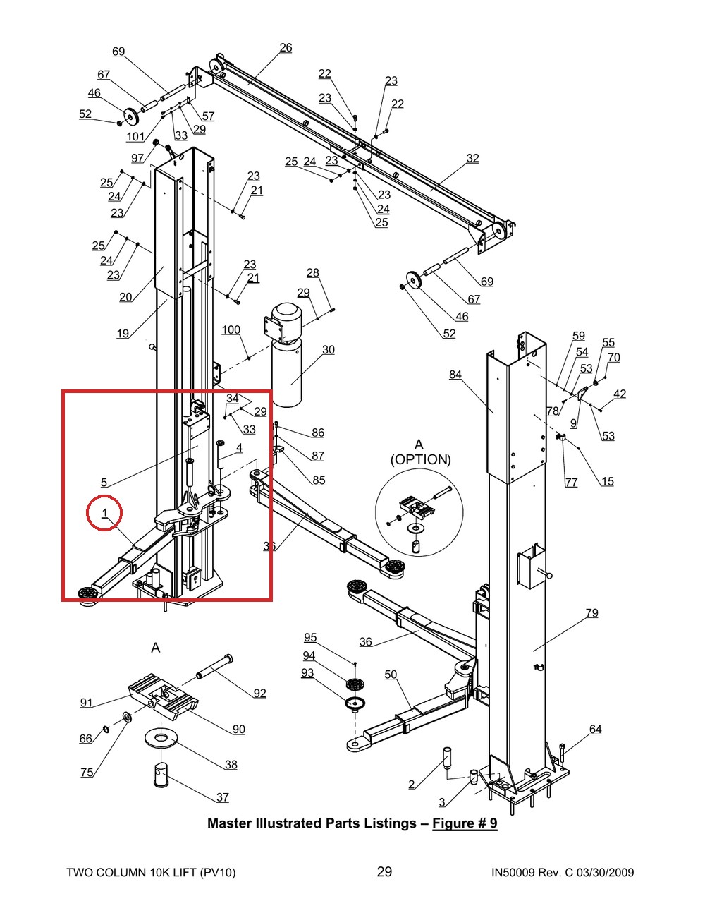 Direct Lift 30500-7000G2DC Front Arm (DC / Main Side) for Pro 10 / PRO-V10 / PV10 2-Post 10K Lifts - full parts breakdown drawing