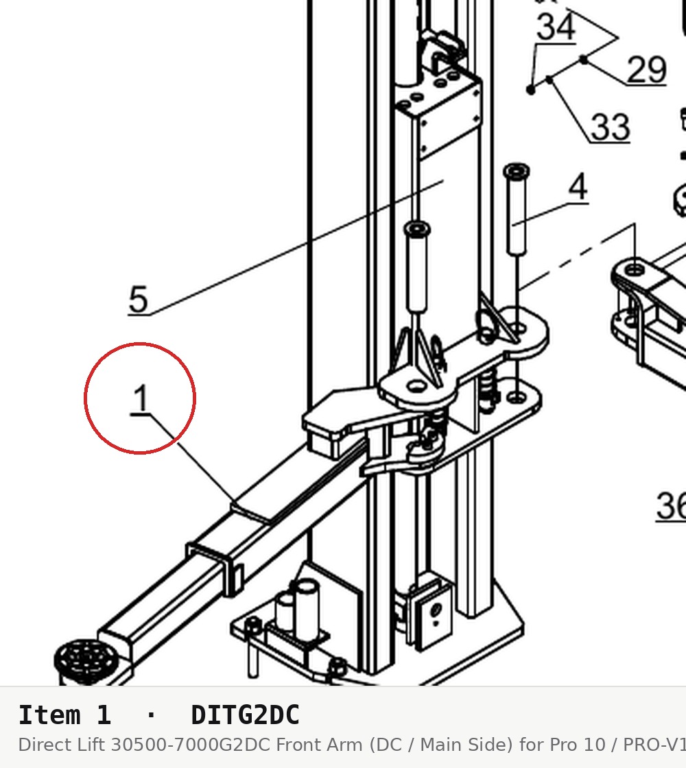 Direct Lift 30500-7000G2DC Front Arm (DC / Main Side) for Pro 10 / PRO-V10 / PV10 2-Post 10K Lifts - parts drawing detail