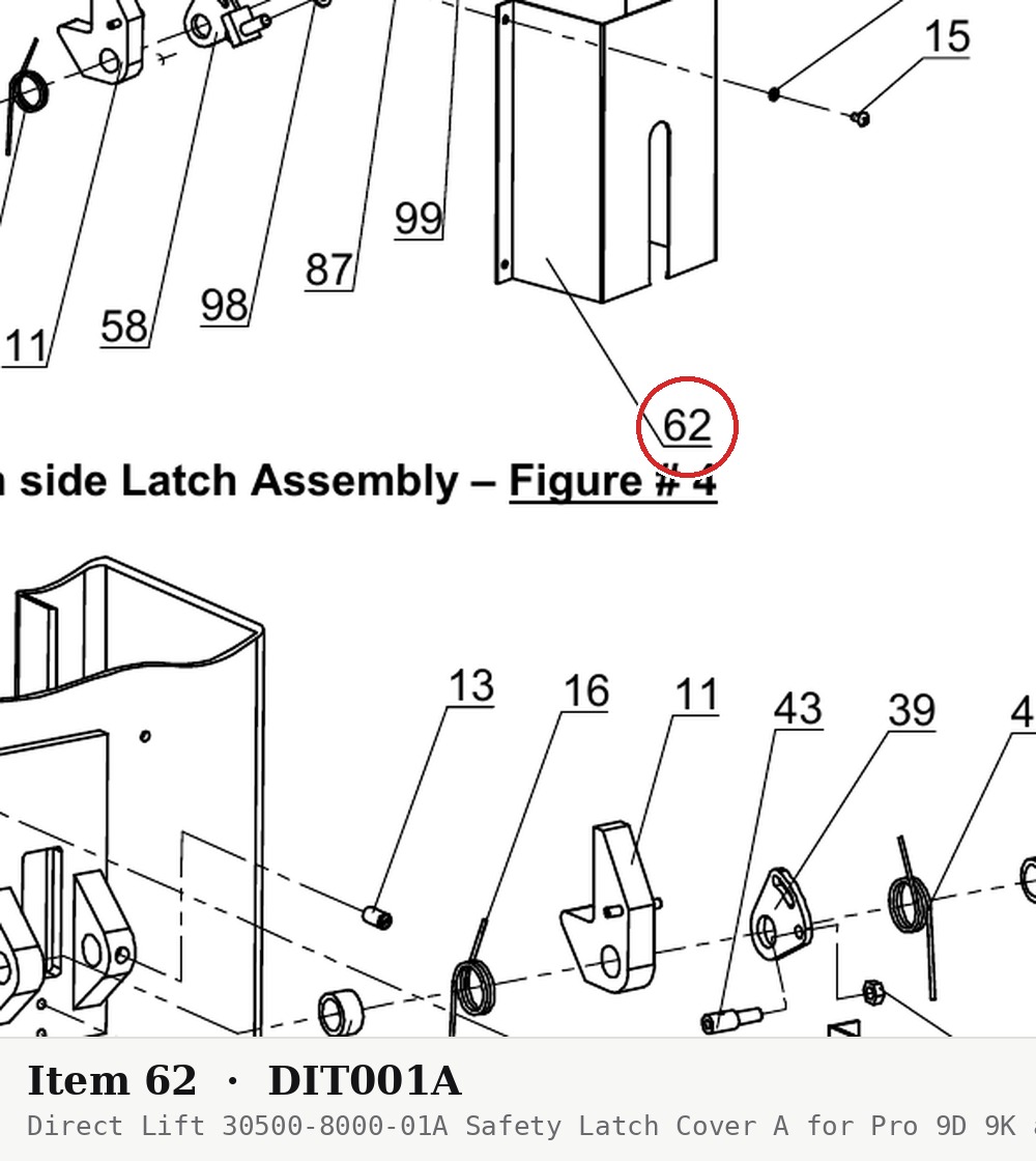 Direct Lift 30500-8000-01A Safety Latch Cover A for Pro 9D 9K and Pro 10 / PRO-V10 / PV10 Lifts - parts drawing detail