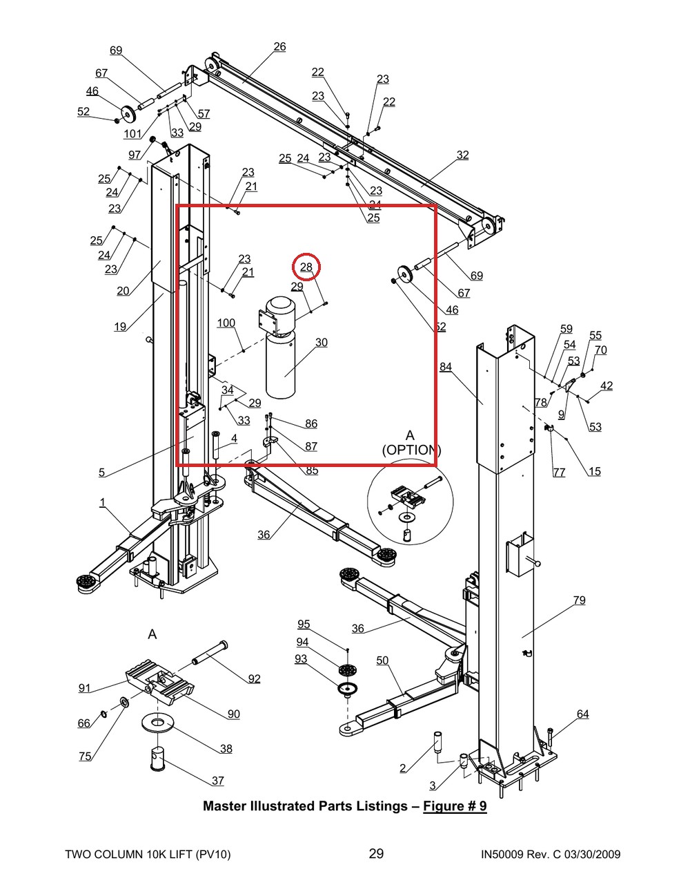 Direct Lift 30500-8000-2-1 Cable Sheave / Pulley Bracket A for I12, Pro 10 10K and Pro 9D 9K Lifts - full parts breakdown dra