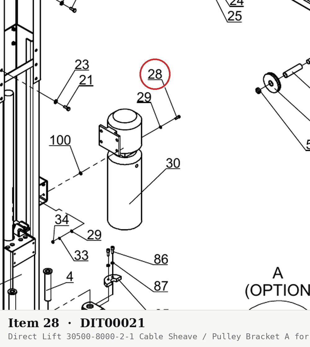 Direct Lift 30500-8000-2-1 Cable Sheave / Pulley Bracket A for I12, Pro 10 10K and Pro 9D 9K Lifts - parts drawing detail