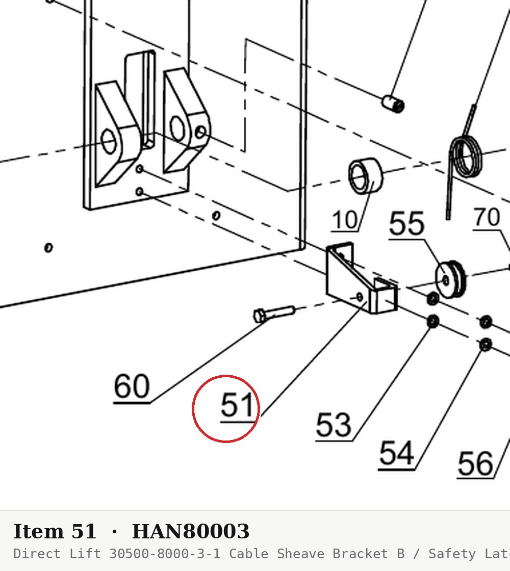 Direct Lift 30500-8000-3-1 Cable Sheave Bracket B / Safety Latch Bracket - Slave Side, Pro 10 & Pro 9D - parts drawing detail