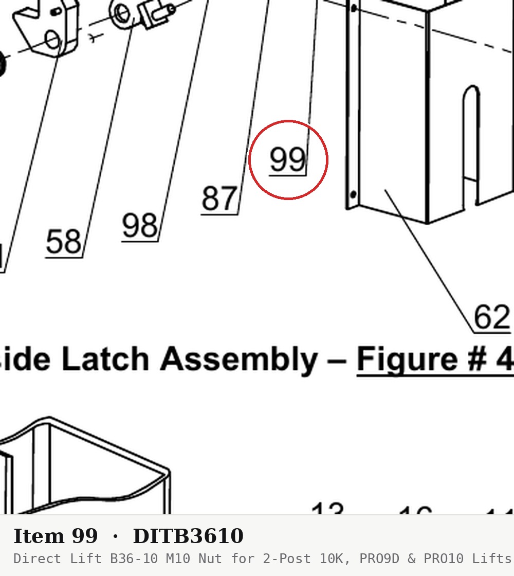 Direct Lift B36-10 M10 Nut for 2-Post 10K, PRO9D & PRO10 Lifts - parts drawing detail