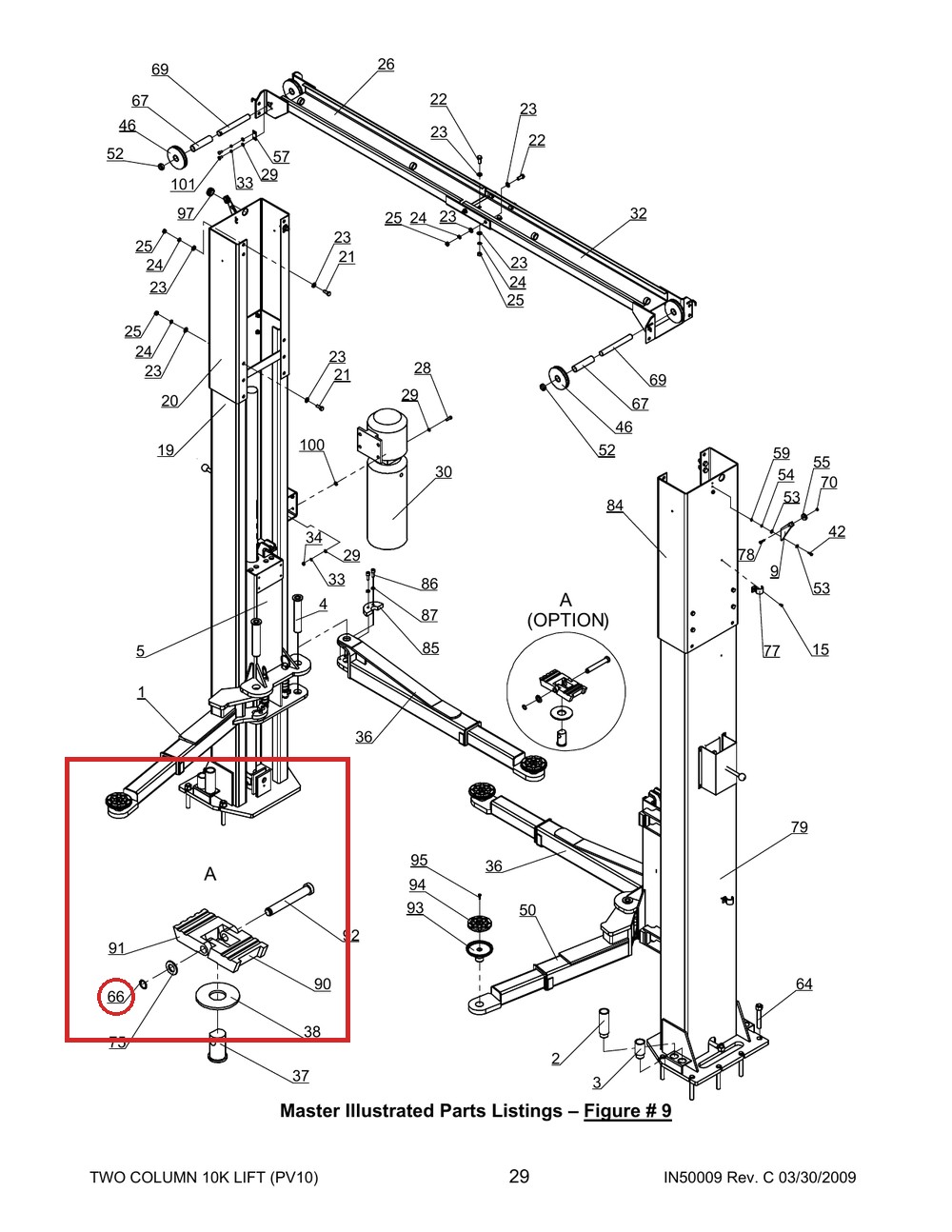 Direct Lift B60-20 Snap Ring 20mm for PRO10 / PROV10 / PV10 2-Post 10K Lifts - full parts breakdown drawing
