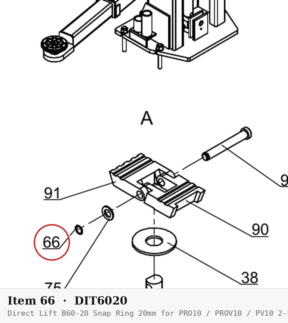 Direct Lift B60-20 Snap Ring 20mm for PRO10 / PROV10 / PV10 2-Post 10K Lifts - parts drawing detail