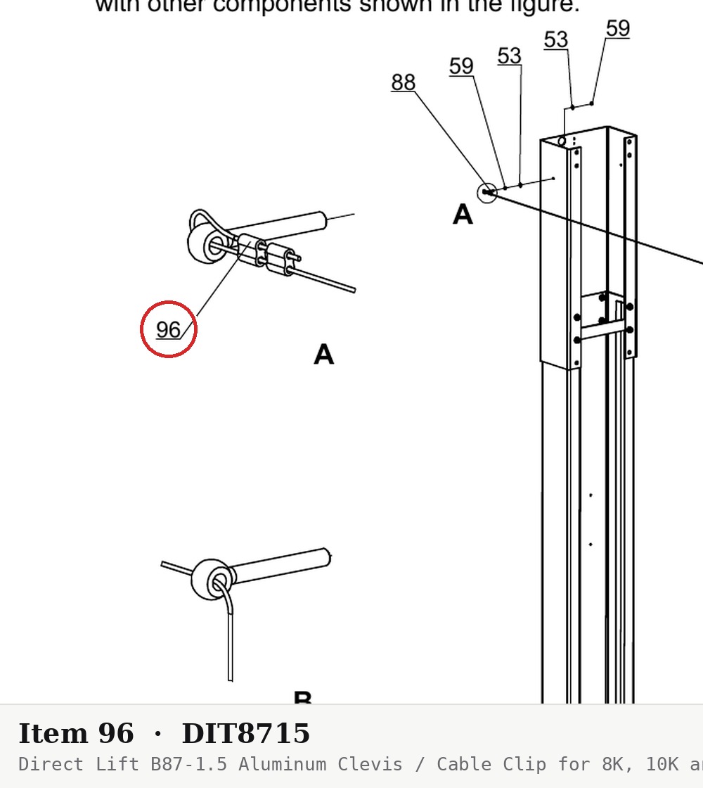 Direct Lift B87-1.5 Aluminum Clevis / Cable Clip for 8K, 10K and OH8000 Shut-Off Cables - parts drawing detail