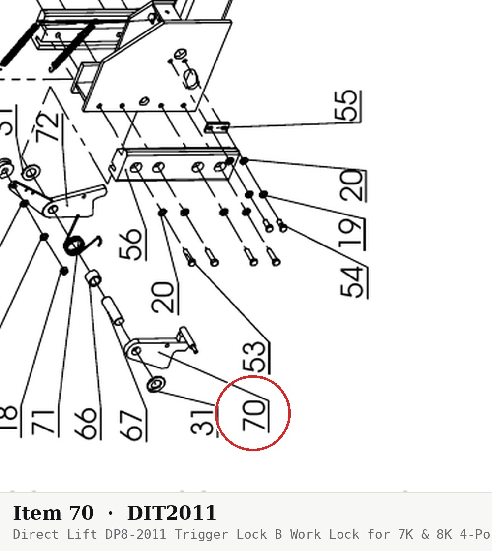 Direct Lift DP8-2011 Trigger Lock B Work Lock for 7K & 8K 4-Post Parking Lifts (PP8 Plus) - parts drawing detail
