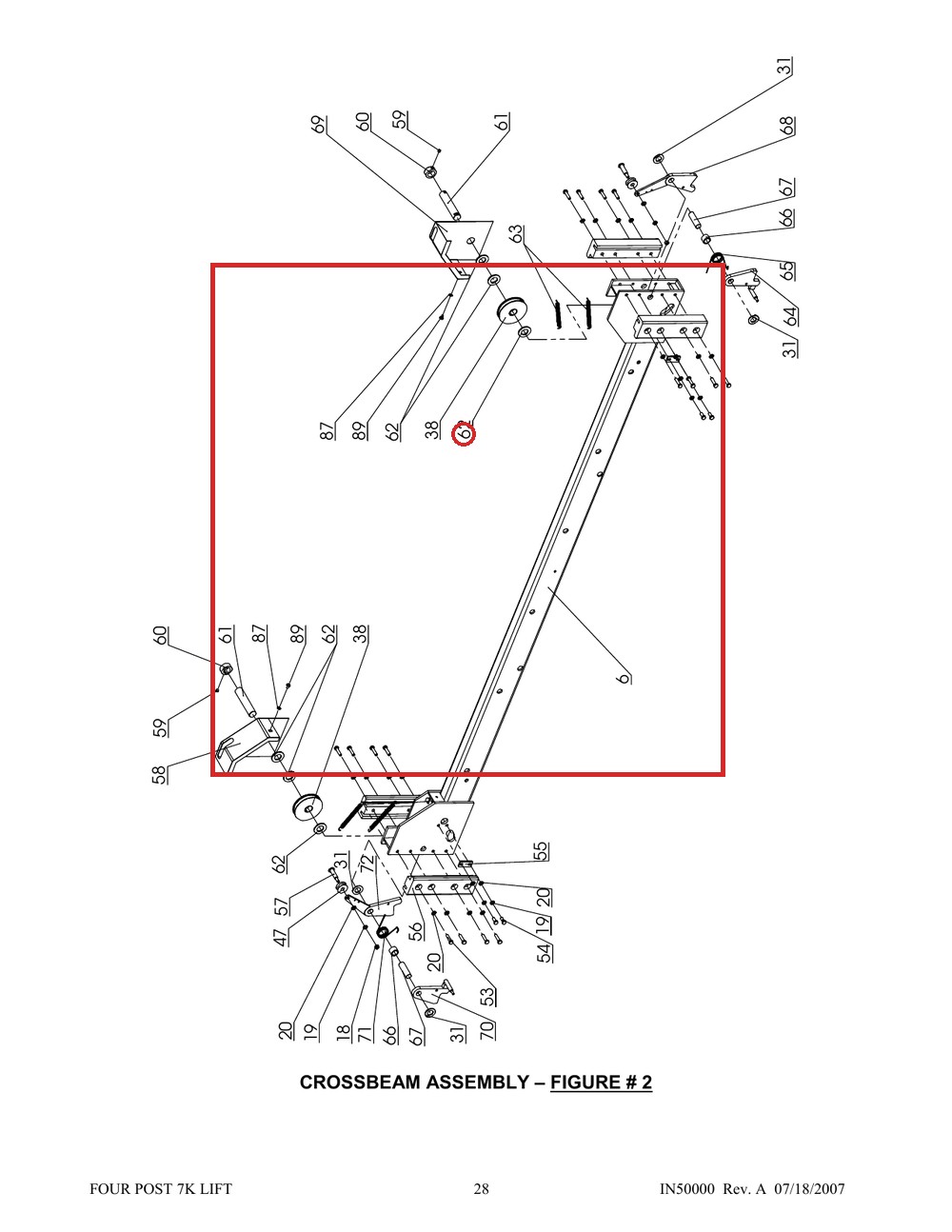 Direct Lift DP8-2100 Crossbeam Weldment for 7K & 8K 4-Post Parking Lifts (PP8 Plus) - full parts breakdown drawing