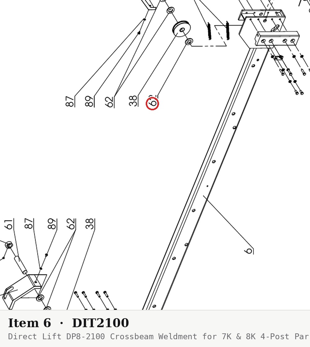 Direct Lift DP8-2100 Crossbeam Weldment for 7K & 8K 4-Post Parking Lifts (PP8 Plus) - parts drawing detail