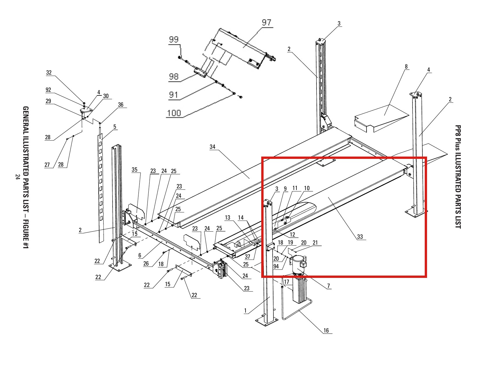 Direct Lift DP8L-3100 Runway Weldment, Driving Side for PP8 Plus Long 8,000 lb Four-Post Lift parts diagram (location)