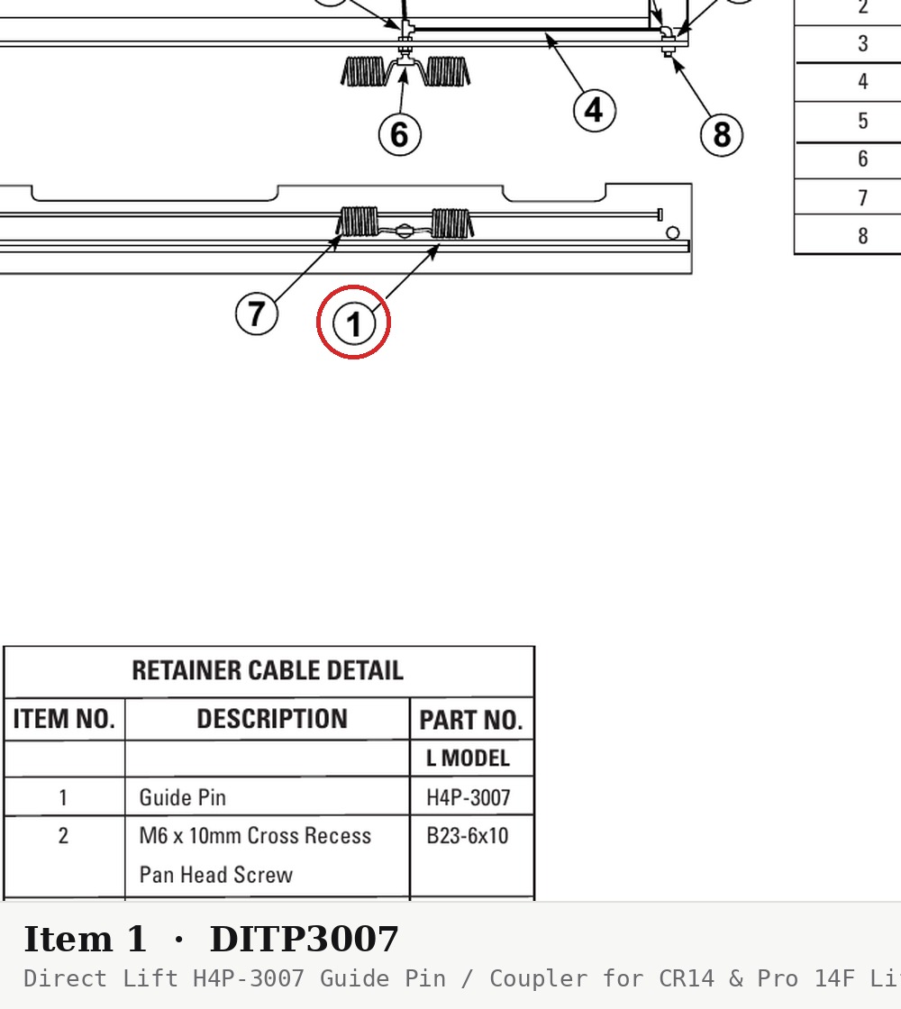 Direct Lift H4P-3007 Guide Pin / Coupler for CR14 & Pro 14F Lifts (Replaces H4P-3007FWD) - parts drawing detail