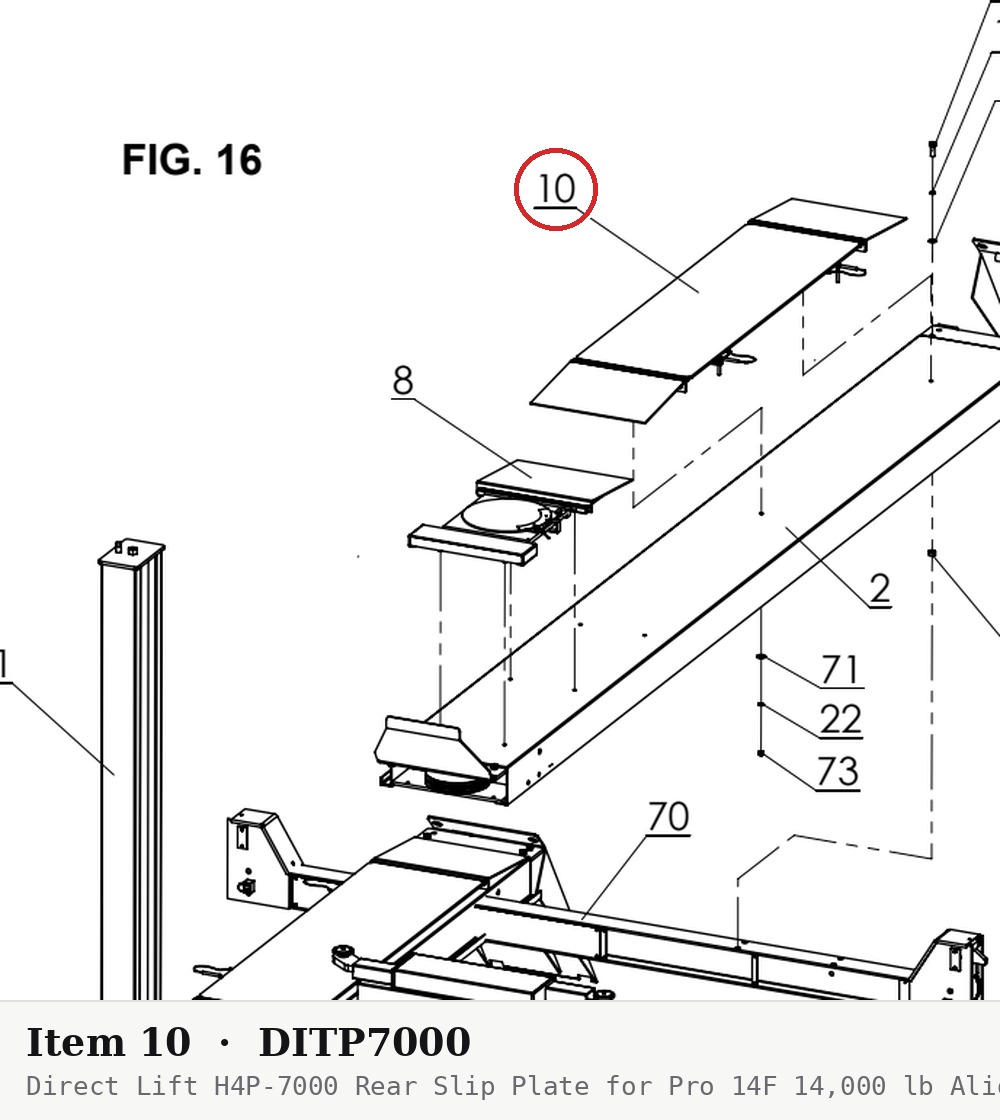 Direct Lift H4P-7000 Rear Slip Plate for Pro 14F 14,000 lb Alignment 4-Post Lift - parts drawing detail