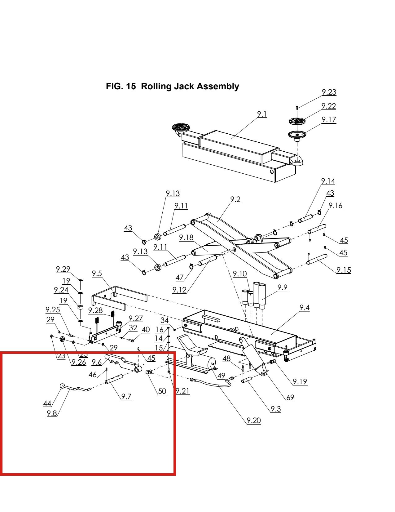 Direct Lift H4P-9004 Safety Lock Handle for RJ70 Rolling Jack – Pro 14F 4-Post Lift parts diagram (location)