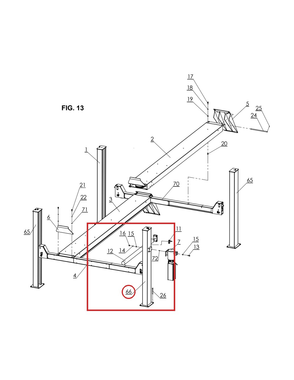 Direct Lift H4P-R1100 Column A for Pro 14F 14,000 lb 4-Post Lift and CR14 (14000EWT) - full parts breakdown drawing