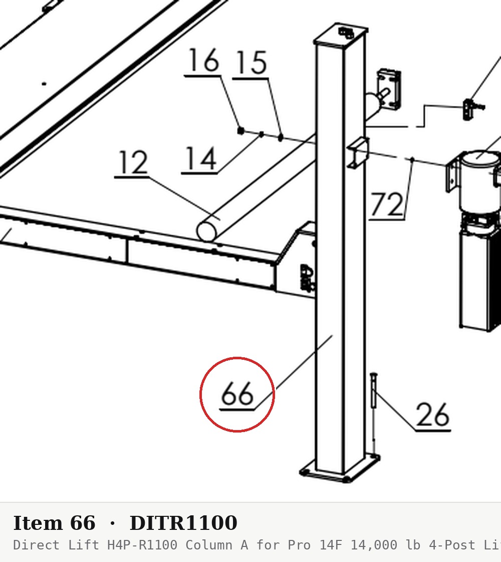 Direct Lift H4P-R1100 Column A for Pro 14F 14,000 lb 4-Post Lift and CR14 (14000EWT) - parts drawing detail