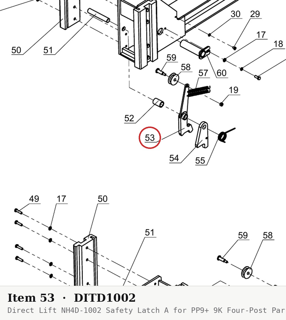 Direct Lift NH4D-1002 Safety Latch A for PP9+ 9K Four-Post Parking Lifts - parts drawing detail