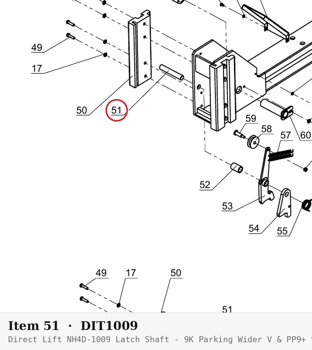 Direct Lift NH4D-1009 Latch Shaft - 9K Parking Wider V & PP9+ 9K 4-Post - parts drawing detail