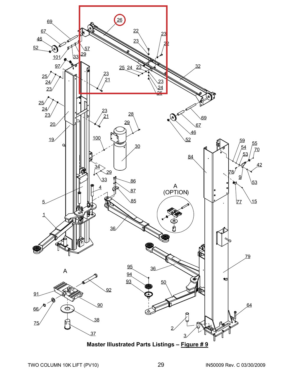 Direct Lift PV10-3100 Cross Beam A - PRO10 / PROv10 / PV10 2-Post 10K Lift - full parts breakdown drawing