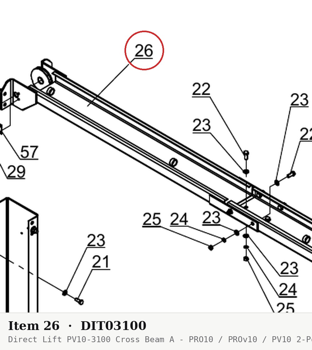 Direct Lift PV10-3100 Cross Beam A - PRO10 / PROv10 / PV10 2-Post 10K Lift - parts drawing detail