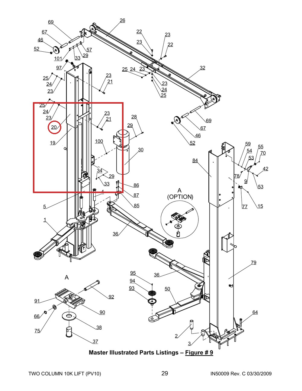 Direct Lift PV10-3300 Up-Column A Power Unit Column Extension - PRO10 / PROv10 / PV10 - full parts breakdown drawing