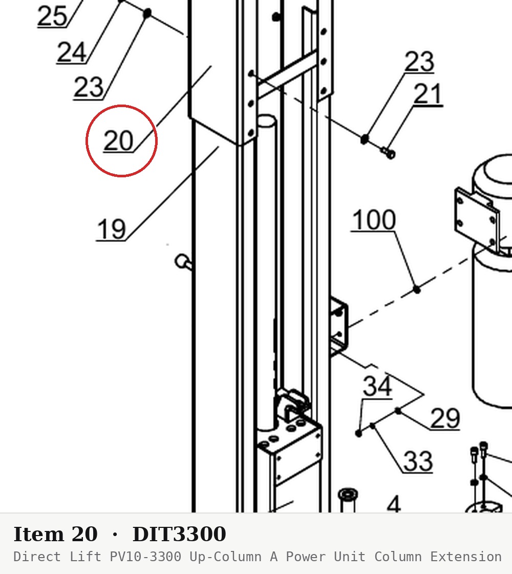 Direct Lift PV10-3300 Up-Column A Power Unit Column Extension - PRO10 / PROv10 / PV10 - parts drawing detail