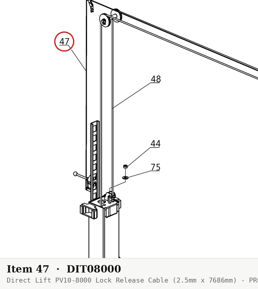 Direct Lift PV10-8000 Lock Release Cable (2.5mm x 7686mm) - PRO10 / PROv10 / PV10 - parts drawing detail